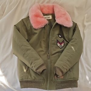 Buffalo David Bitton Green and Pink Puffer Jacket with Faux Fur Collar